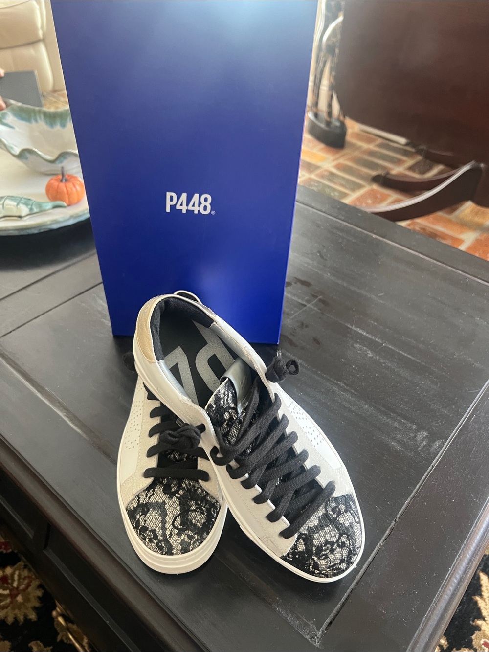 P448 Women's Black Lace Accent Low-Top Sneakers with White Leather